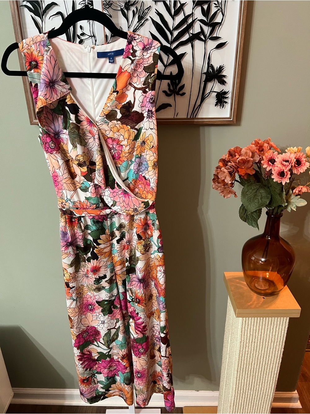 Apt. 9 Multicolor Watercolor Floral Ruffle Sleeveless Wide Leg Jumpsuit Size 8